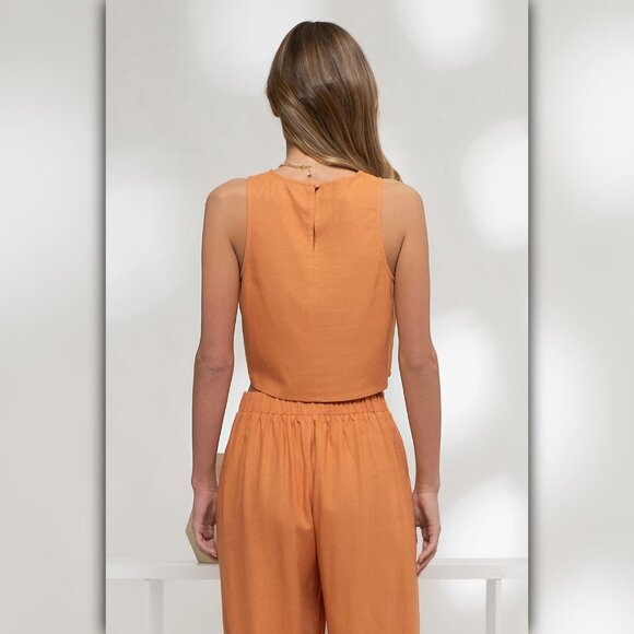 (SET) Moon River Sleeveless Round Neck Crop Top and High Waist Wide Leg Pants - Picture 6 of 10